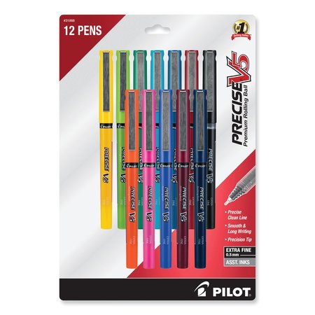 Pilot Precise V5 Stick Roller Ball Pen, Fine 0.5mm, Asstd Ink/Barrel, PK12 31888